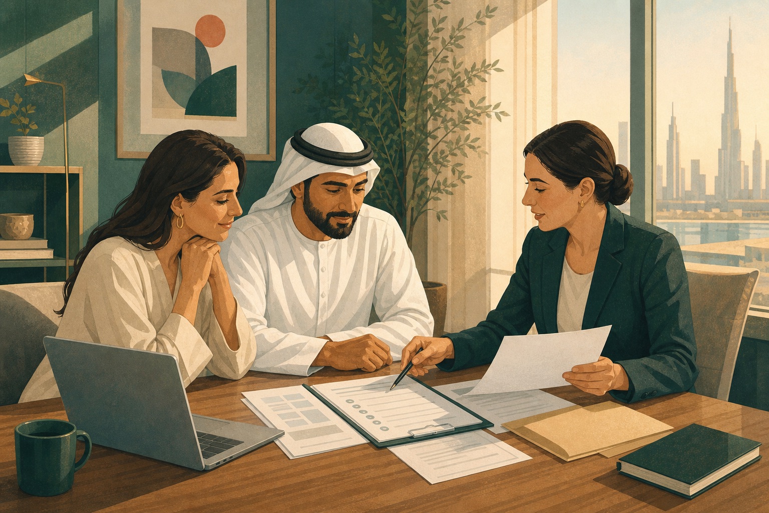 Checking a licensed Grenada citizenship by investment agent from the UAE UAE family reviewing a Grenada marketing agent licence, insurance and citizenship application documents with an adviser