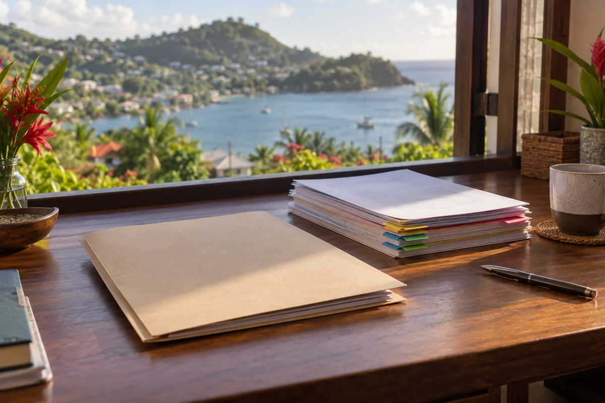 A completed application folder in a quiet Caribbean office A completed application folder in a quiet Caribbean office