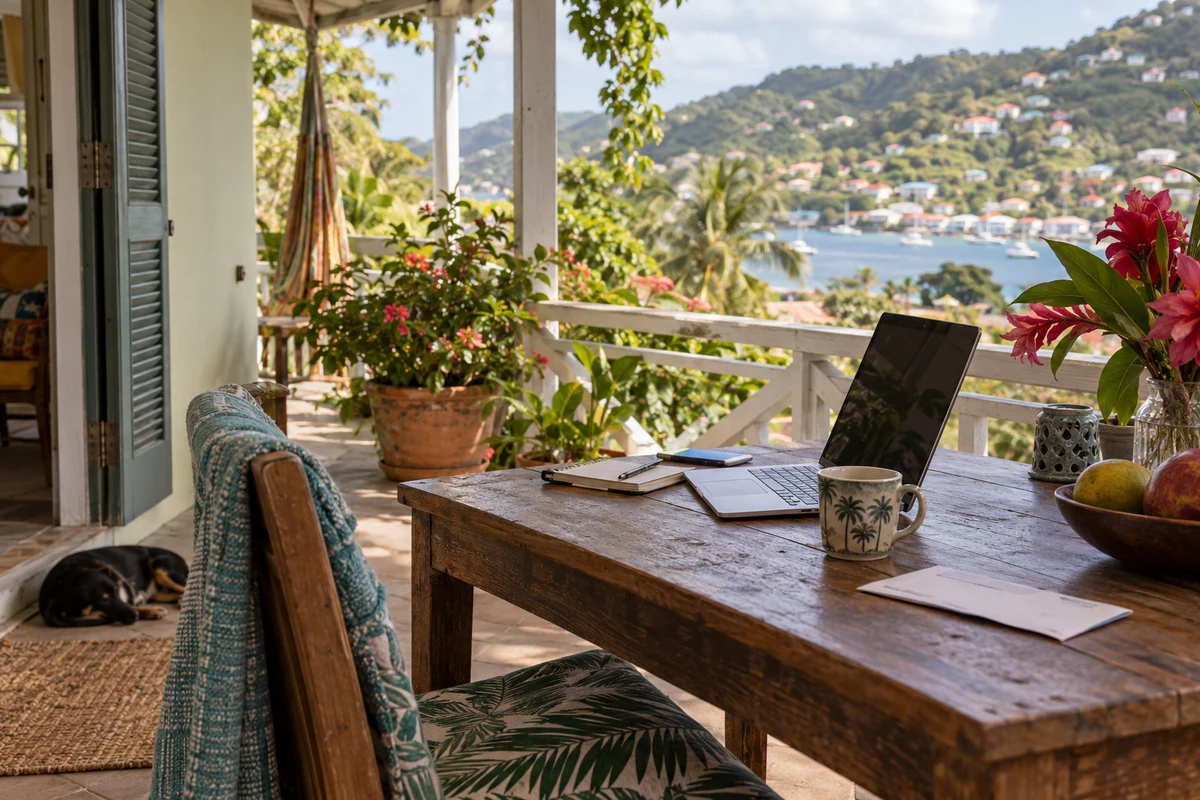 A work desk on a lived-in Caribbean veranda