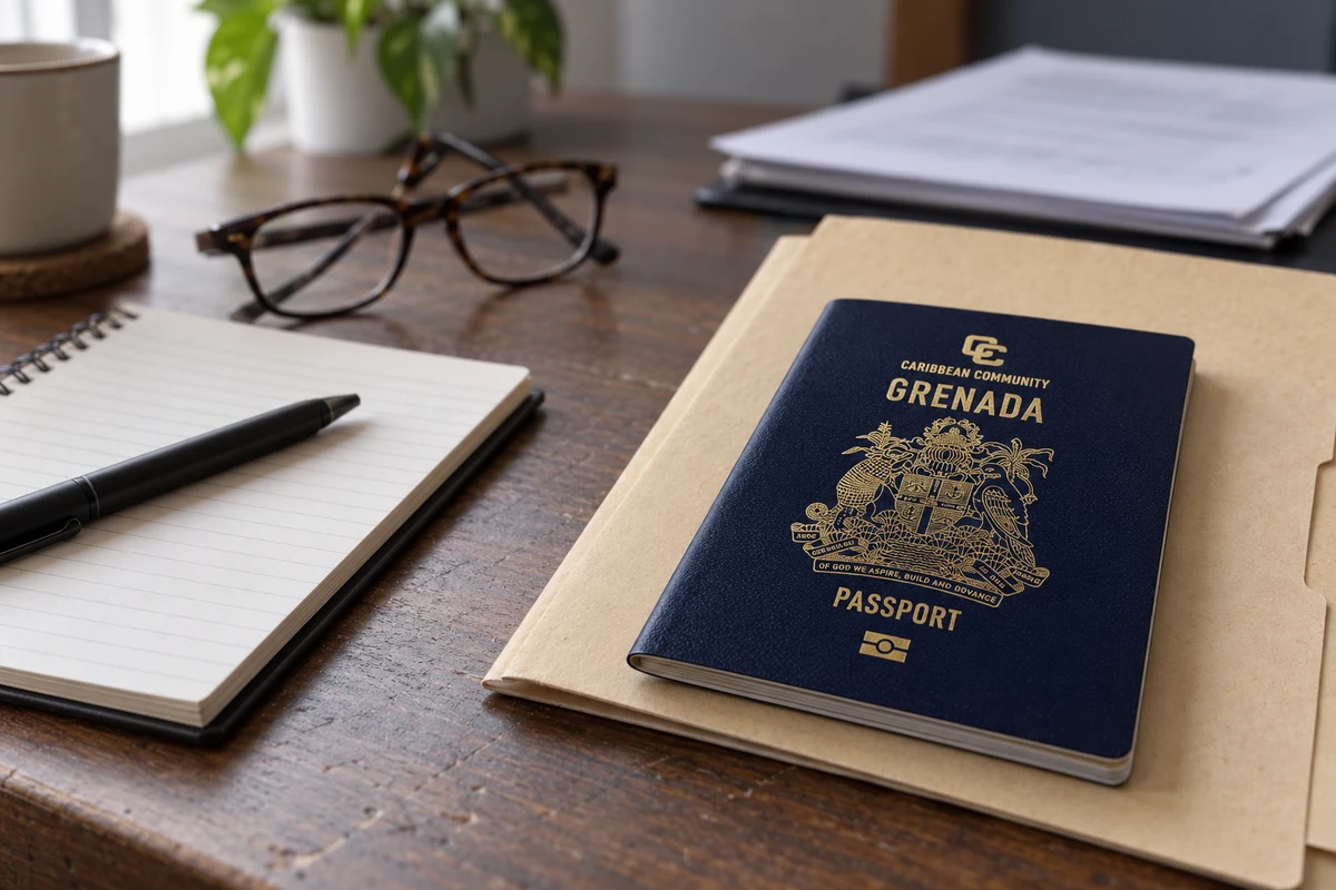Dark blue Grenada passport and legal paperwork on a quiet desk