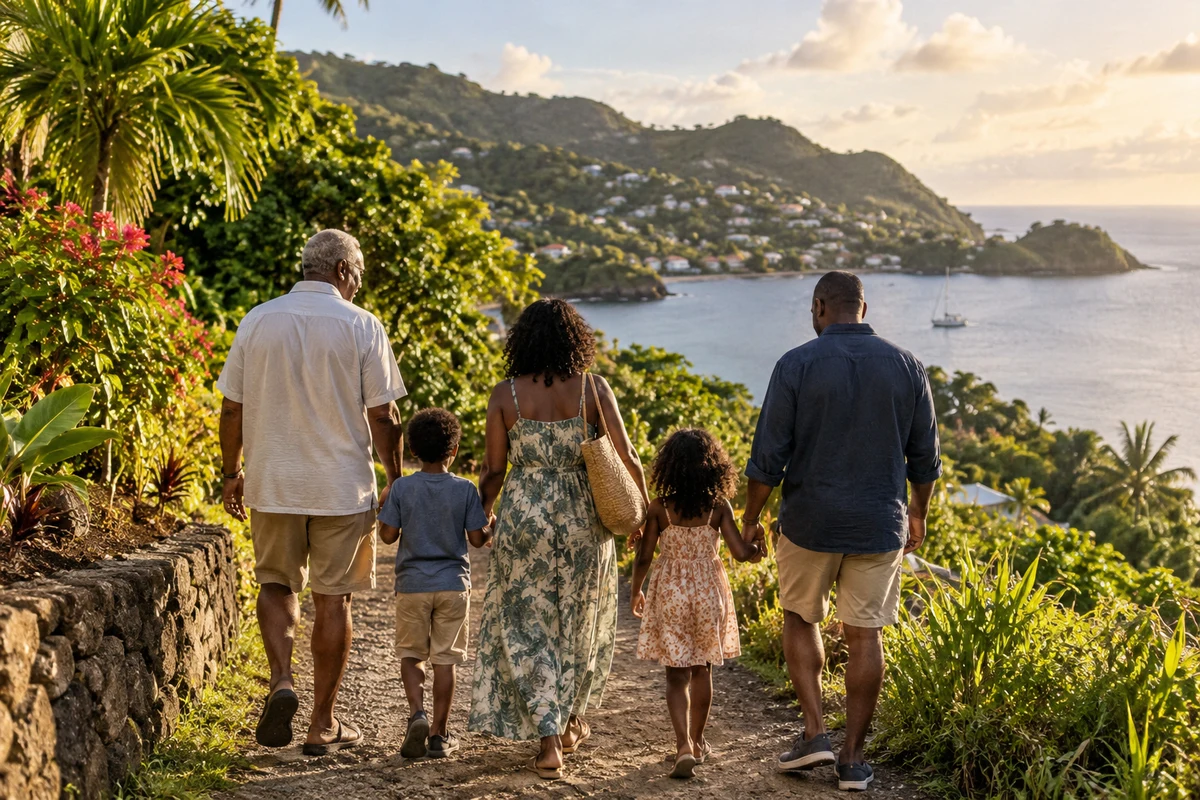 A multi-generational family walking along a Caribbean coastal path A multi-generational family walking along a Caribbean coastal path