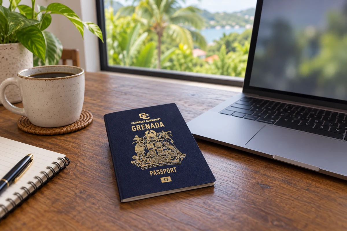 Dark blue Grenada passport beside a laptop for family planning Dark blue Grenada passport beside a laptop for family planning