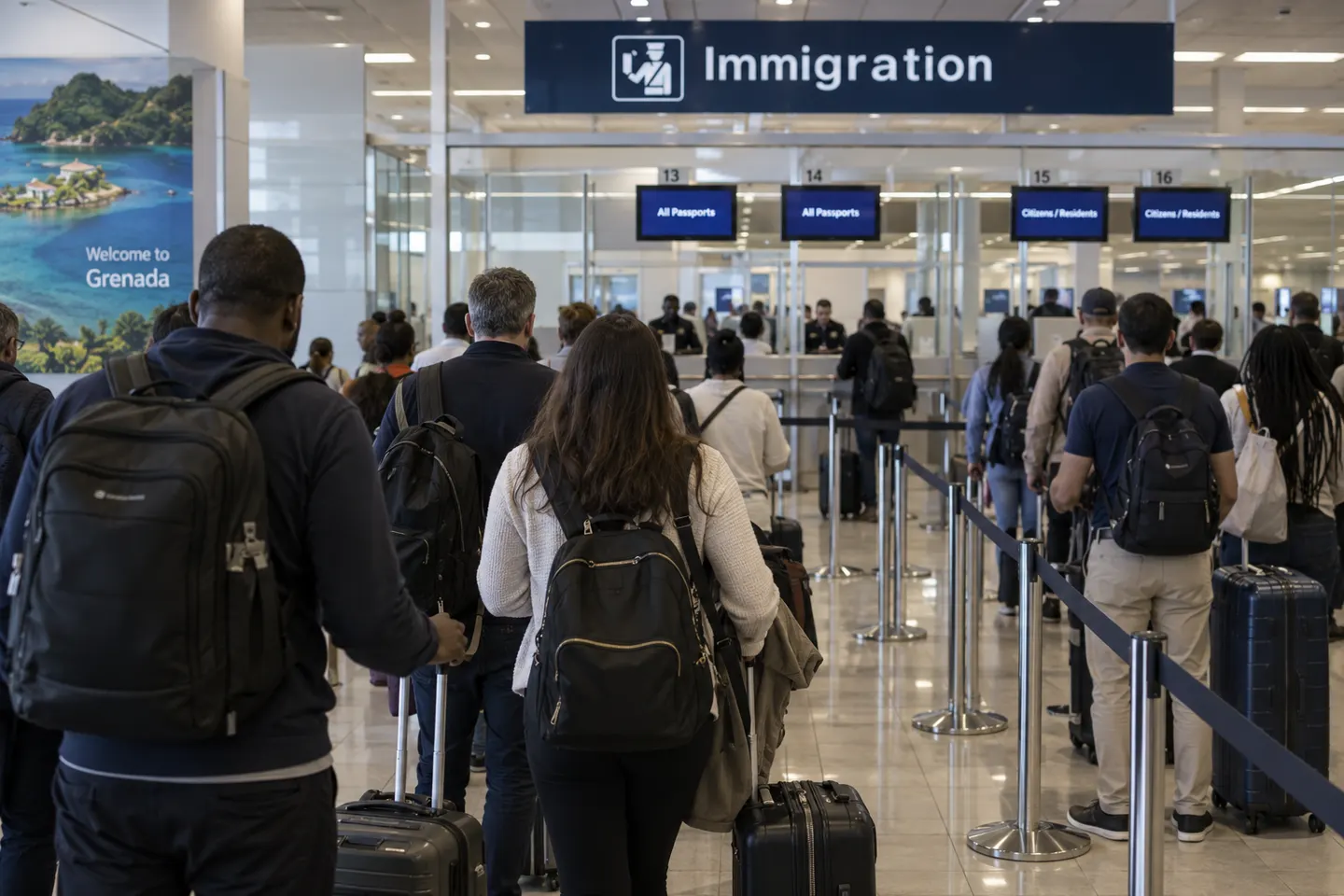 Grenada passport travel: immigration and entry checks Airport immigration hall queue illustrating travel on a Grenada passport
