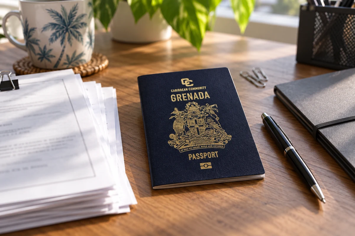 Dark blue Grenada passport beside application documents on a working desk Dark blue Grenada passport beside application documents on a working desk