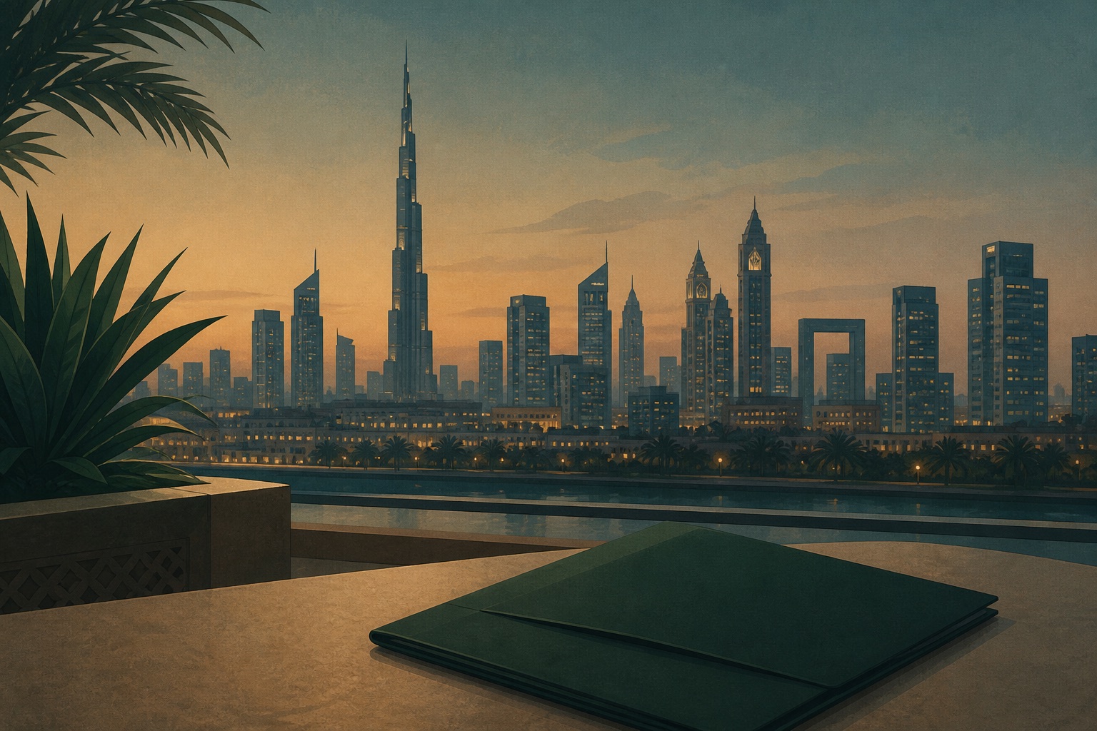 How to choose a licensed Caribbean citizenship by investment agent from the UAE Dubai business district at dusk with a citizenship application file for UAE families checking a Caribbean citizenship agent
