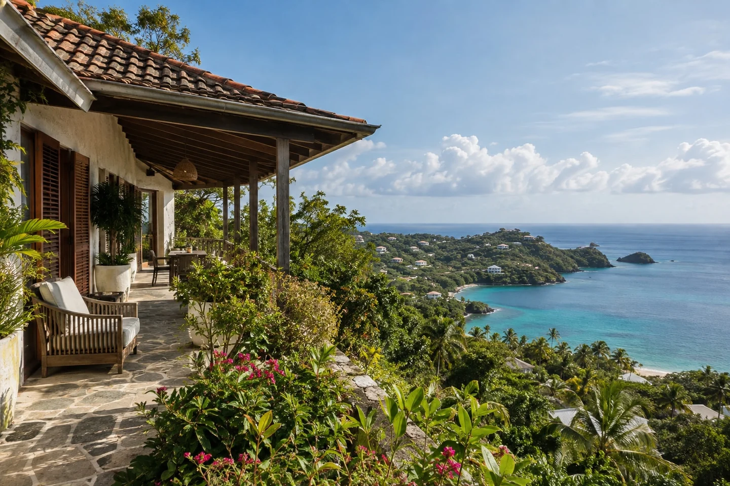 Buying property in Grenada: a guide for overseas buyers Illustrative Caribbean hillside home overlooking the sea for the Grenada property buying guide