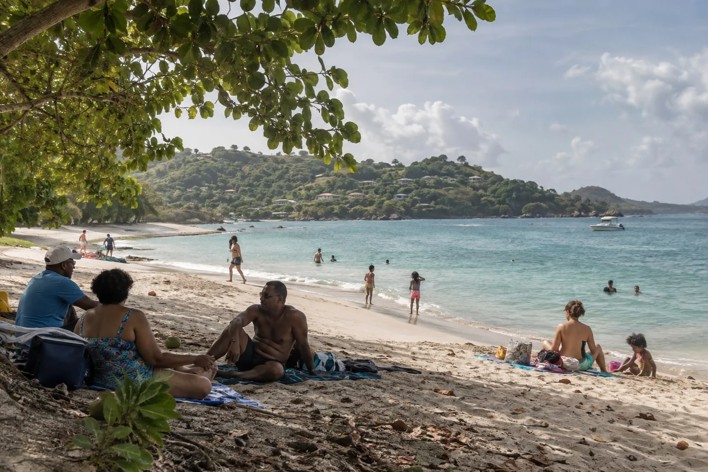 Illustrative everyday beach scene with families and swimmers for the living in Grenada guide
