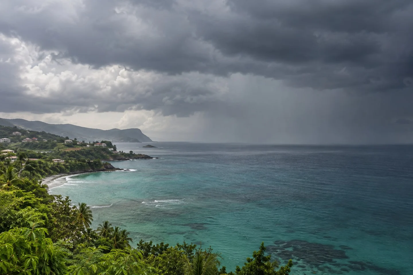Illustrative Caribbean coastline with rain approaching for the Grenada hurricane season section