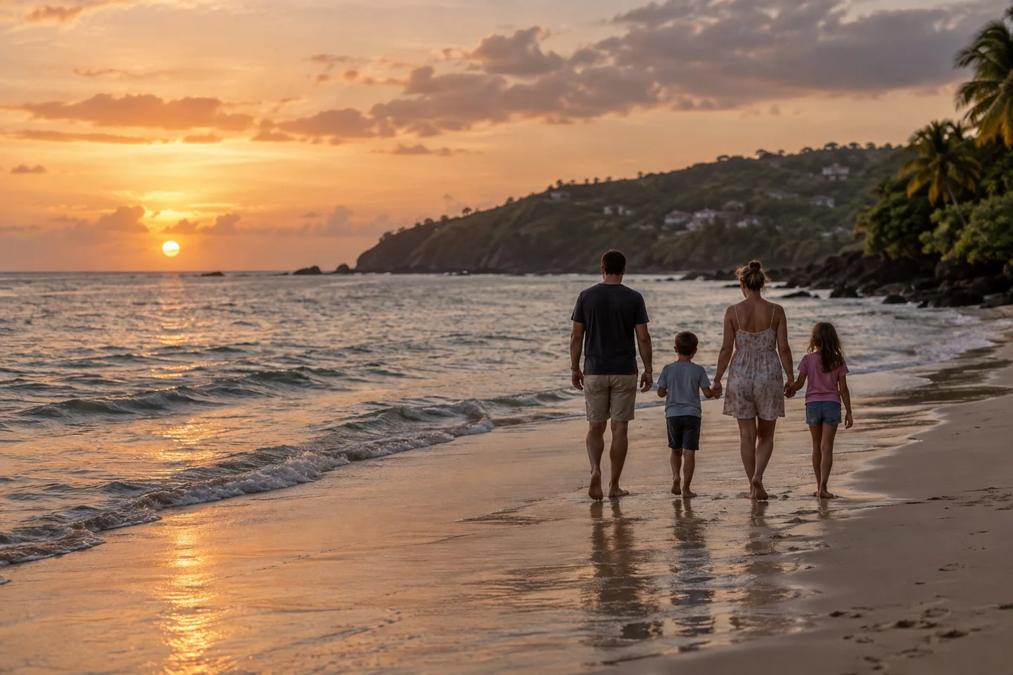 Illustrative family walking along a Caribbean beach at dusk for the moving to Grenada guide