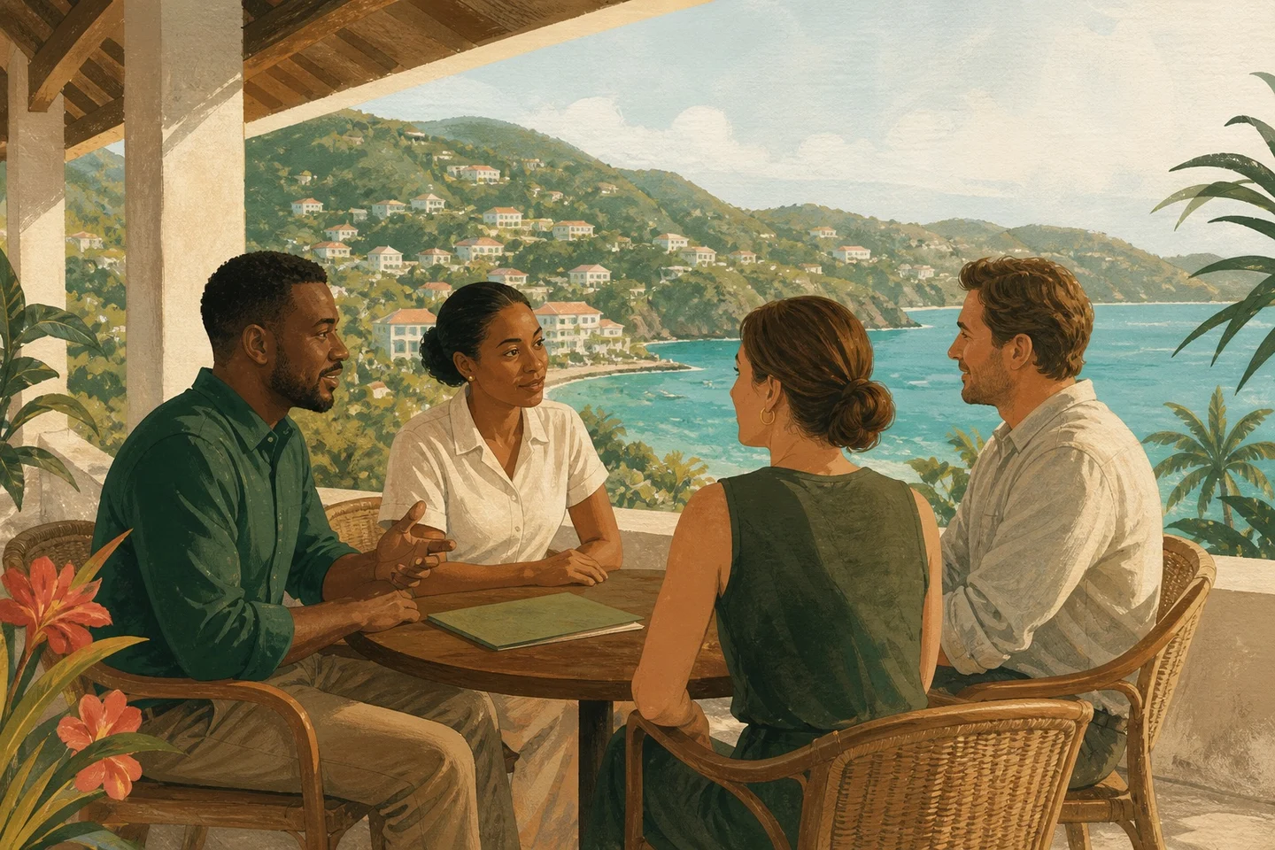 Tandem advisers meeting Caribbean citizenship by investment clients on a warm Grenada terrace