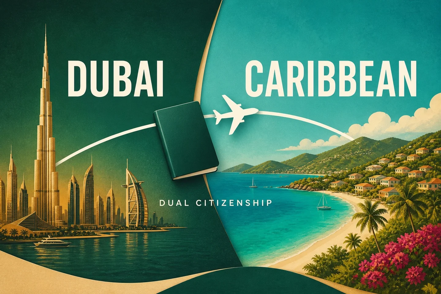 Dubai-to-Caribbean dual citizenship route for UAE residents, illustrated with a passport and plane