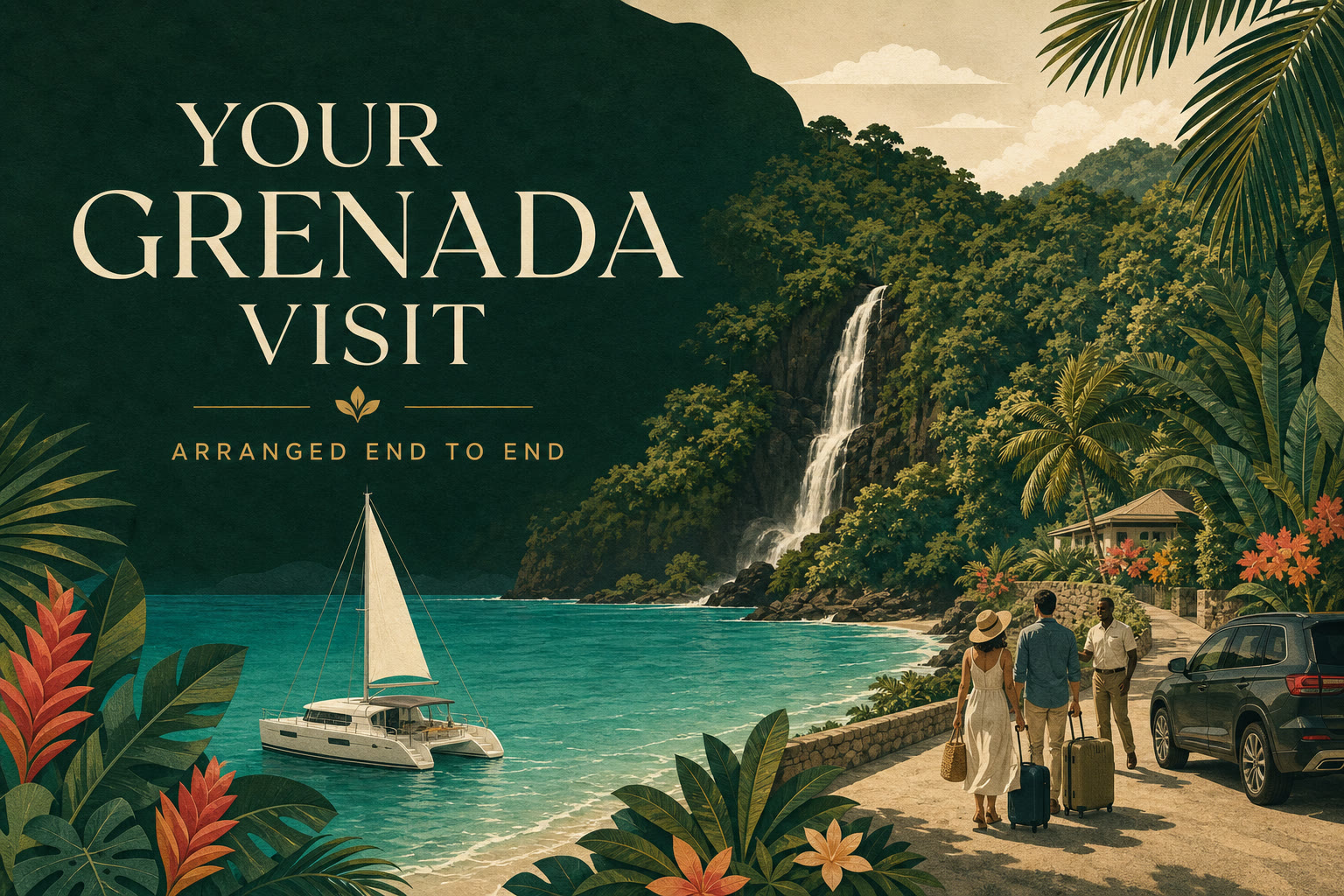 Tandem Grenada visit planning for citizenship by investment clients Illustrated Tandem-arranged Grenada visit with sailing, a waterfall and local transport