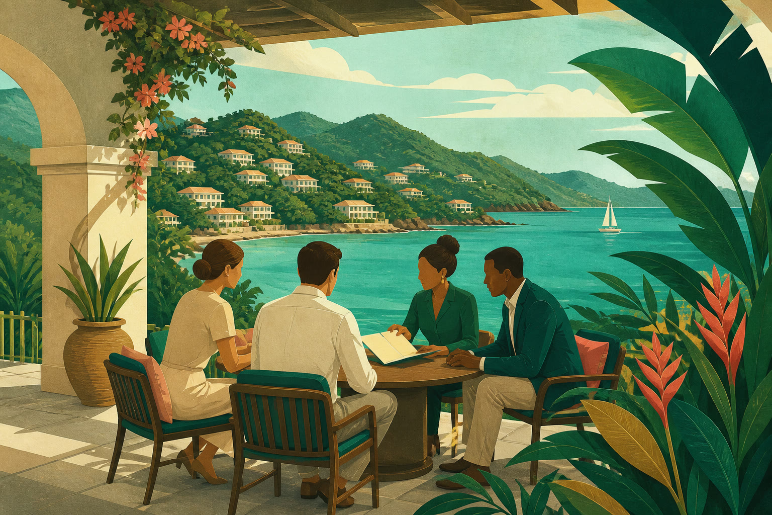 Local Tandem team supporting UAE citizenship by investment clients Illustrated meeting between Tandem advisers and UAE-based clients in Grenada