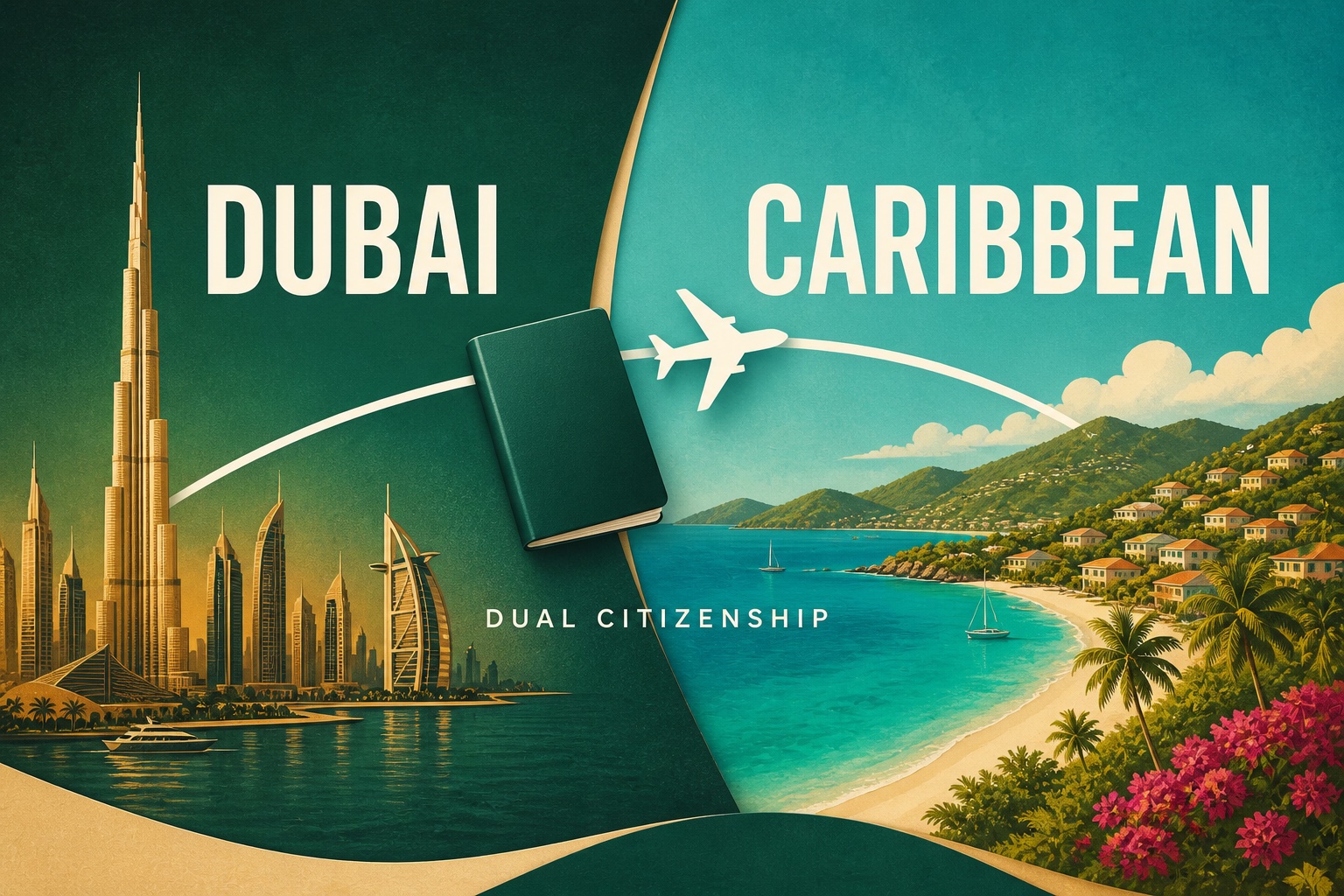 Dubai-to-Caribbean dual citizenship route for UAE residents, illustrated with a passport and plane